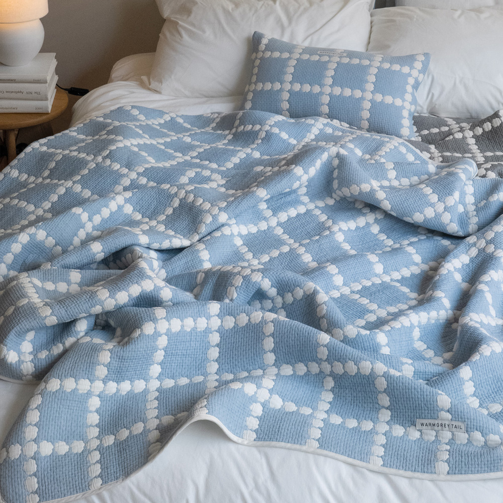 WARMGREY TAIL COTTON MODAL BLANKET BLOSSOM CHECK - BLUEのイメージ写真01